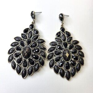 Long Black Cabochon Stone Stud Earrings